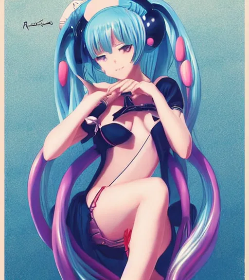 Prompt: Anime art of beautiful Hatsune miku with beautifel legs by rossdraws, magali villeneuve, Gil Elvgren, Alberto Vargas, Earl Moran, Art Frahm, Enoch Bolles, symmetrical shoulders