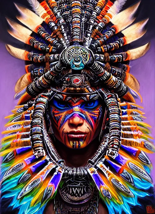 Image similar to portrait of jensen ackle, hyper detailed ultra sharp aztec shaman warrior. trending on artstation, warpaint aesthetic, bloodwave, colorful, psychedelic, ornate, intricate, digital painting, concept art, smooth, sharp focus, illustration, art by artgerm and greg rutkowski and h. r. giger, 8 k