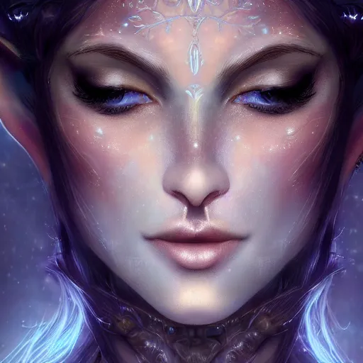 Prompt: masterpiece digital painting realistic portrait of beautiful elf goddess, 3 0 years woman, close face view, soft face, moonlight, elf forest background, at night, by luis royo, warcraft, artstation, deviantart, unreal engine, 8 k, cinematic lights