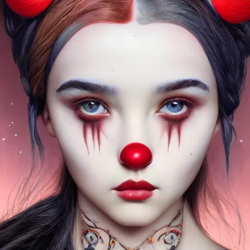 Image similar to tom bagshaw portrait, insanity and madness curiosities, beautiful asian mix of dove cameron madison beer bella poarch in a full dress body, clown makeup, professionally retouched, focus eyes, ultra realistic soft painting, insanely detailed linework, symmetrical accurate intricate features, behance, 8 k