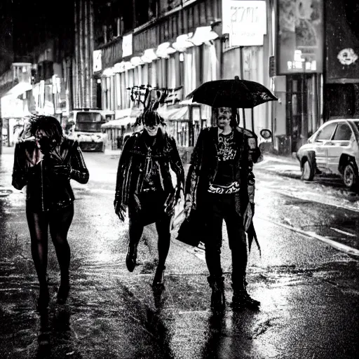 Prompt: flash night photography of punks and goths on the lower east side, nighttime, raining!