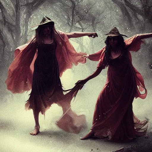 Image similar to three witches dancing around a bonefire which spawns a demon, in a forest, sharp focus, illustration, art by aenaluck and roberto ferri and greg rutkowski, epic fantasy, digital painting