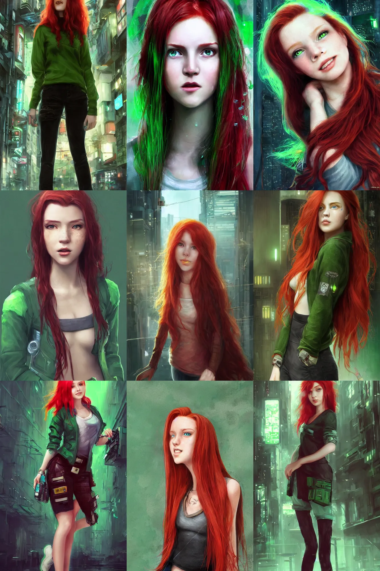 Prompt: beautiful cute red haired joyful and playful nineteen year old young girl standing up in casual green clothing, long hair, green eye, cyberpunk city, rpg character, sci - fi, fantasy, intricate, elegant, digital painting, artstation, concept art, smooth, 8 k frostbite 3 engine, ultra detailed, art by artgerm and greg rutkowski and magali villeneuve