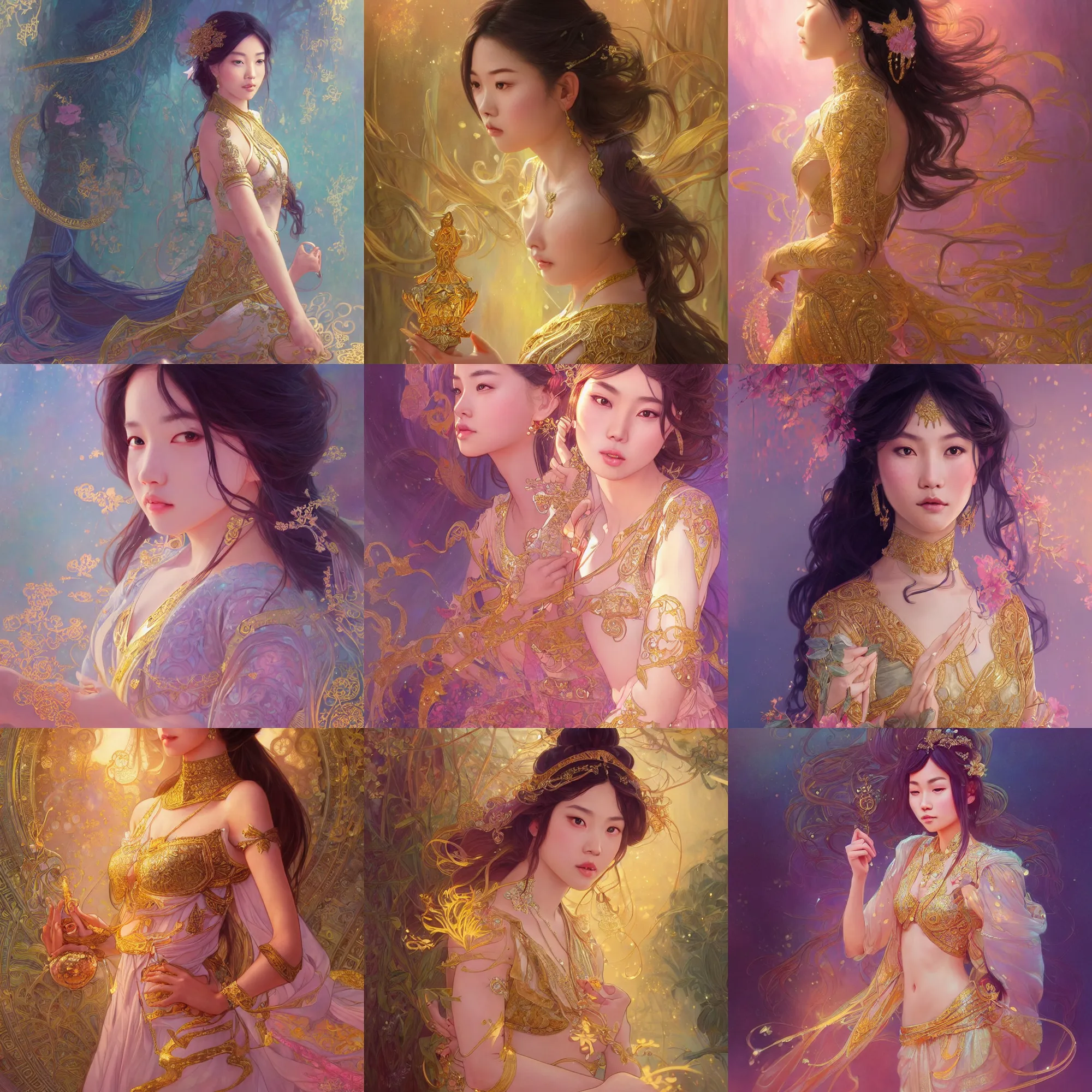 Prompt: alluring asian princess with sparkling eyes, full body portrait, highly detailed, gold filigree, fantasy, soft cinematic lighting, award, disney concept art, watercolor illustration by mandy jurgens and alphonse mucha and alena aenami, pastel color palette, featured on artstation