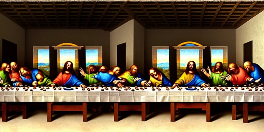 Prompt: masterpiece last supper, all skeletons, extremely detailed, 8 k, by leonardo da vinci