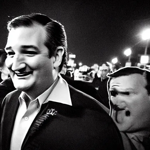 Image similar to Ted Cruz with a wide grin being chased down by multiple police officers, black and white, creepy lighting, foggy atmosphere, scary, horror, ornate, eerie, fear