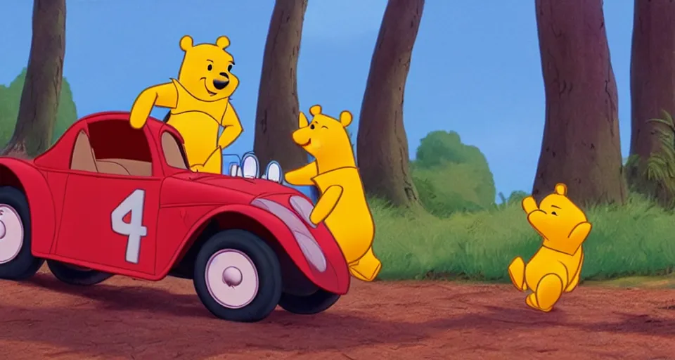 Prompt: A screenshot of Winnie the Pooh in the Pixar movie Cars