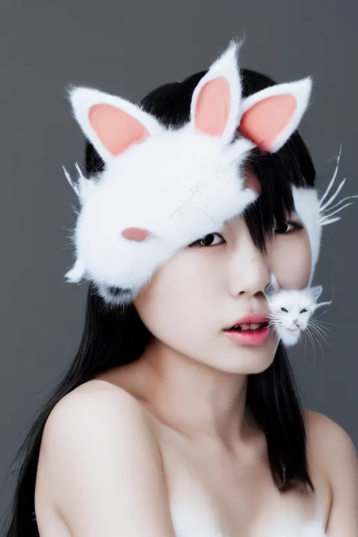 Image similar to aesthetic photograph of alluring young Japanese woman wearing white cat ears, by Nick Knight and jia ruan, headshot, cosplay, realistic, photorealistic, HD, 4k resolution