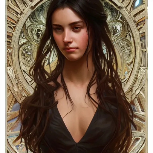 Image similar to Instagram Model, olive skin, long dark hair, beautiful bone structure, intricate, elegant, highly detailed, digital painting, artstation, concept art, smooth, sharp focus, illustration, art by artgerm and greg rutkowski and alphonse mucha