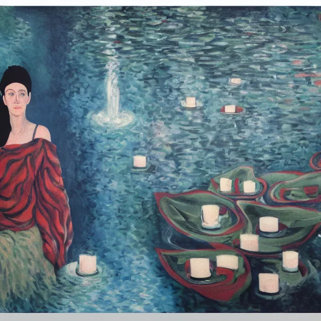 Image similar to tall female artist holding art supplies in her flooded apartment, pomegranates, octopus, water gushing from ceiling, painting of flood waters inside an artist's apartment, a river flooding indoors, candles, ikebana, zen, rapids, waterfall, black swans, canoe, berries, acrylic on canvas, surrealist, by magritte and monet