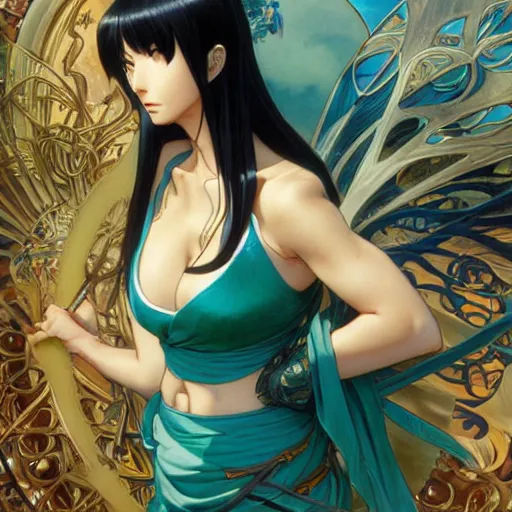 Prompt: highly detailed vfx portrait of nico robin by eiichiro oda, makoto shinkai, alphonse mucha, sharp focus, art by artgerm and greg rutkowski!, backlit, harsh overhead sunlight, blue eyes, stanley kybric, kaoru mori, hyper detailed, smooth pixiv, fanbox,