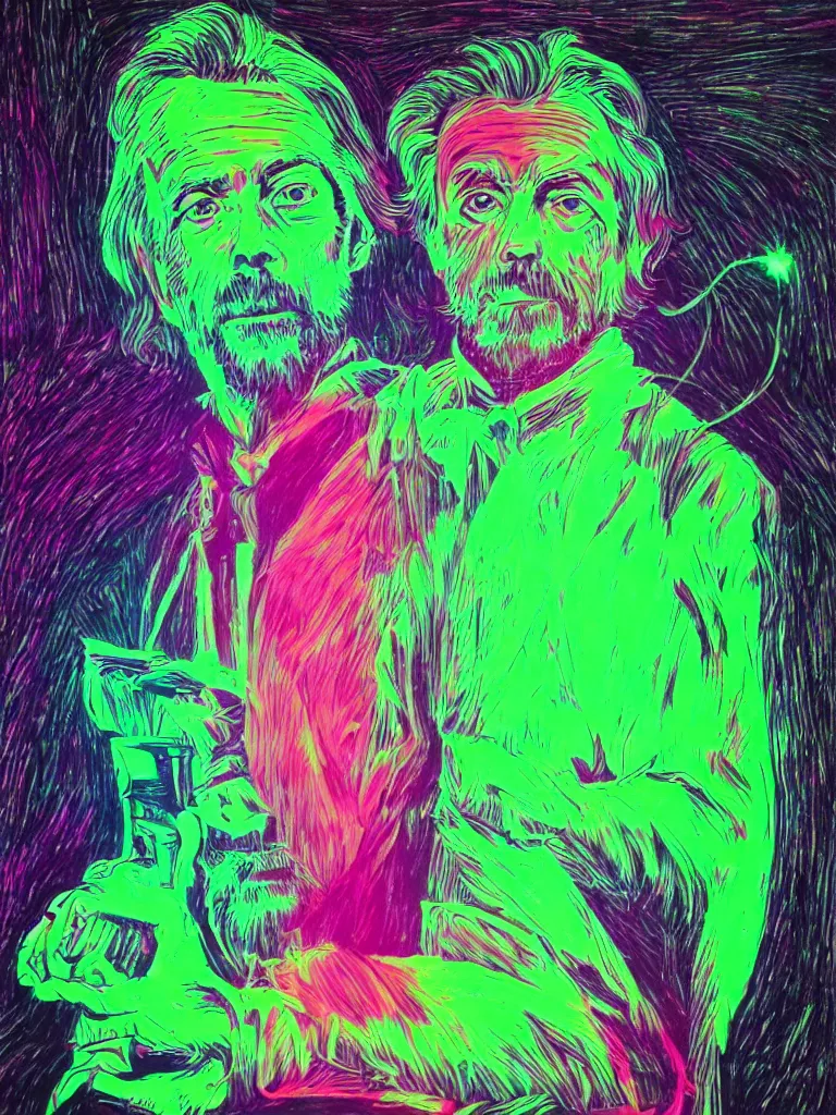 Prompt: portrait of alan watts, illustrated with neon color on black paper