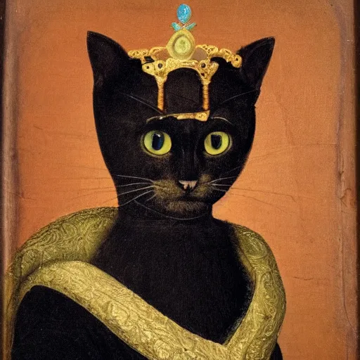 Image similar to a renaissance style portrait painting of a Cat, wearing a crown and cape, dark background