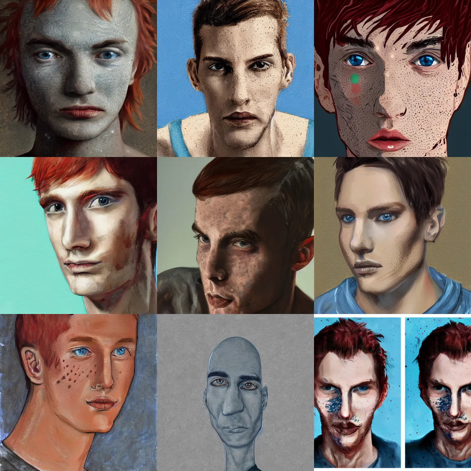 Image similar to face portrait of a thin young man with red hair and freckles, blue eyes, a long nose, highly detailed, digital art