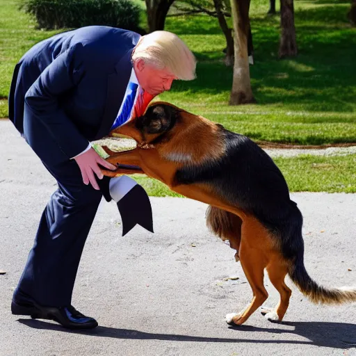 Prompt: Detailed photo of Donald Trump getting bitten by a Dog in the park.