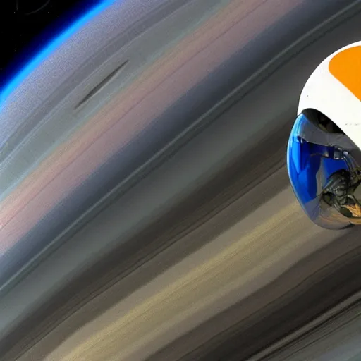 Image similar to astronaut Crab in outer space wearing a space helmet, floating above saturn