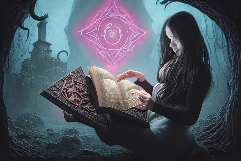 Image similar to romantic photo of bright girl, her cat and her book of necronomicon, symmetrical, cinematic, real dlsr photography, sharp focus, 4 k, ultra hd, sense of awe, sinister demonic atmosphere, dreadful, forbidden knowledge, old gods, cthulhu, yog - sothoth! yah, yah, yah! cultist journal cover