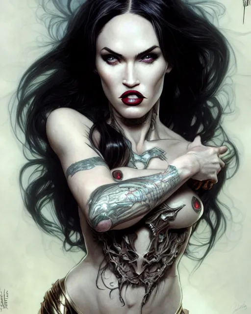 Prompt: portrait of megan fox as lady death, albino, chaos comics, coffin comics, hell, intricate, headshot, highly detailed, digital painting, artstation, concept art, sharp focus, cinematic lighting, illustration, art by artgerm and greg rutkowski, alphonse mucha, cgsociety