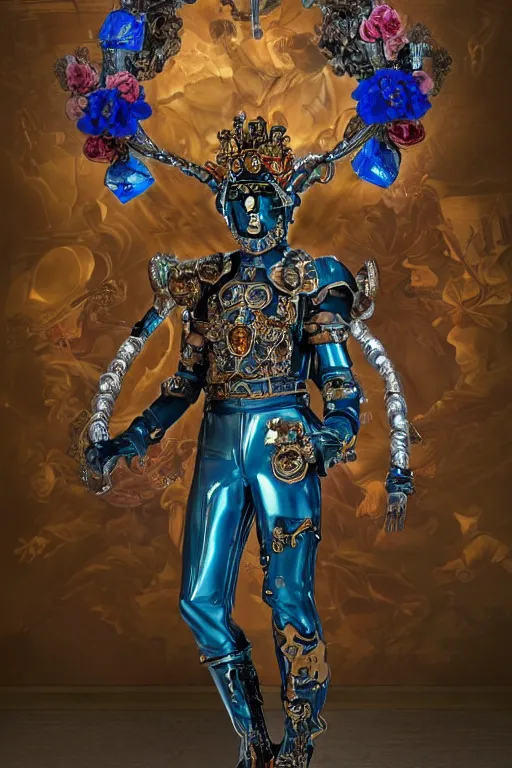 Image similar to a young handsome Spanish metal android with a large glowing sakura-color lit crystal in the center of his chest, full-body bronze cyberpunk style statue of Icarus with glowing blue eyes, crown of mechanical peach roses, flowing teal-colored silk, fabric, steampunk flowers. baroque elements, human skull. full-length view. baroque element. intricate artwork by caravaggio. many flying horses on background. Trending on artstation, octane render, cinematic lighting from the right, hyper realism, octane render, 8k, depth of field, 3D