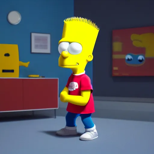 Image similar to film still of Bart Simpson in Monster Inc from Pixar, uncropped, centered, octane render, volumetric, raytracing, trending on artstation