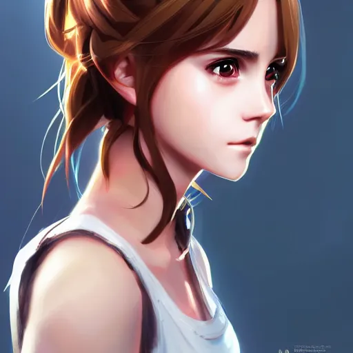 Image similar to anime portrait of emma watson as an anime girl by Stanley Artgerm Lau, WLOP, Rossdraws, James Jean, Andrei Riabovitchev, Marc Simonetti, and Sakimichan, trending on artstation