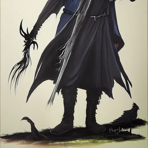 Image similar to gandalf as the crow, painting