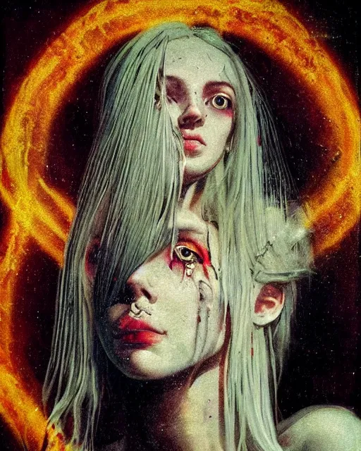 Prompt: a beautiful and eerie baroque painting of a gorgeous young woman in dead space, with wild blonde hair and haunted eyes, 1 9 7 0 s, seventies, space station, neon light showing injuries, delicate ex embellishments, painterly, offset printing technique, behind her something sinister is happening