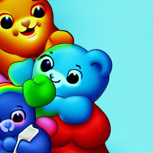 Image similar to care bears with bloody knife, digital art, rich deep colors, smooth shadows, high resolution, cinematic