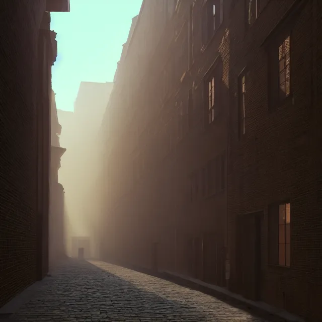 Image similar to a long narrow alleyway between buildings leading into the horizon by joseph ducreux, artstation, volumetric lighting, perfect, high detail