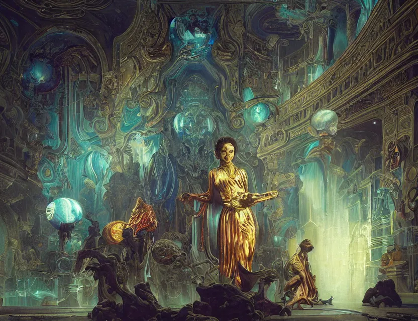 Prompt: a baroque neoclassicist sci - fi portrait of colorful chrome marble halls of creation. iridescent textures. glowing fog, black background. highly detailed fantasy science fiction painting by moebius, norman rockwell, frank frazetta, and syd mead. rich colors, high contrast, artstation