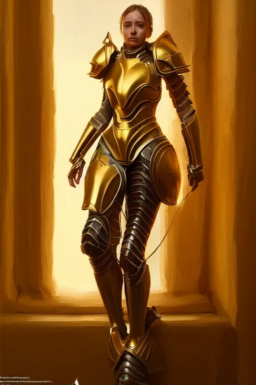 Image similar to professional digital art of a hyper realistic and highly detailed woman beautiful golden armor. accurate rending of one woman in armor. greg rutkowski, zabrocki, karlkka, jayison devadas, intricate, trending on artstation, 8 k, unreal engine 5, pincushion lens effect