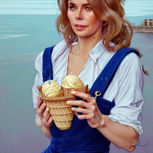 Prompt: portrait of a blonde fuller figured middle aged barbara bach from the bond film wearing blue dungarees and eating ice creams in porto, real life skin, intricate, elegant, highly detailed, artstation, concept art, smooth, sharp focus, art by artgerm and greg rutkowski and alphonse mucha