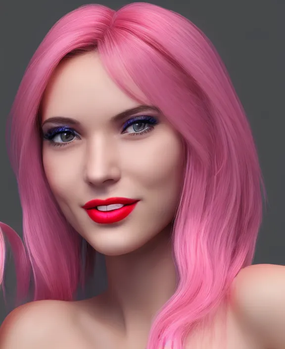 Image similar to ultra realistic portrait of a hot woman, colorful hair, pink lips, gorgeous smile, stunning, hottest, 8K resolution, 3D, Octan render,