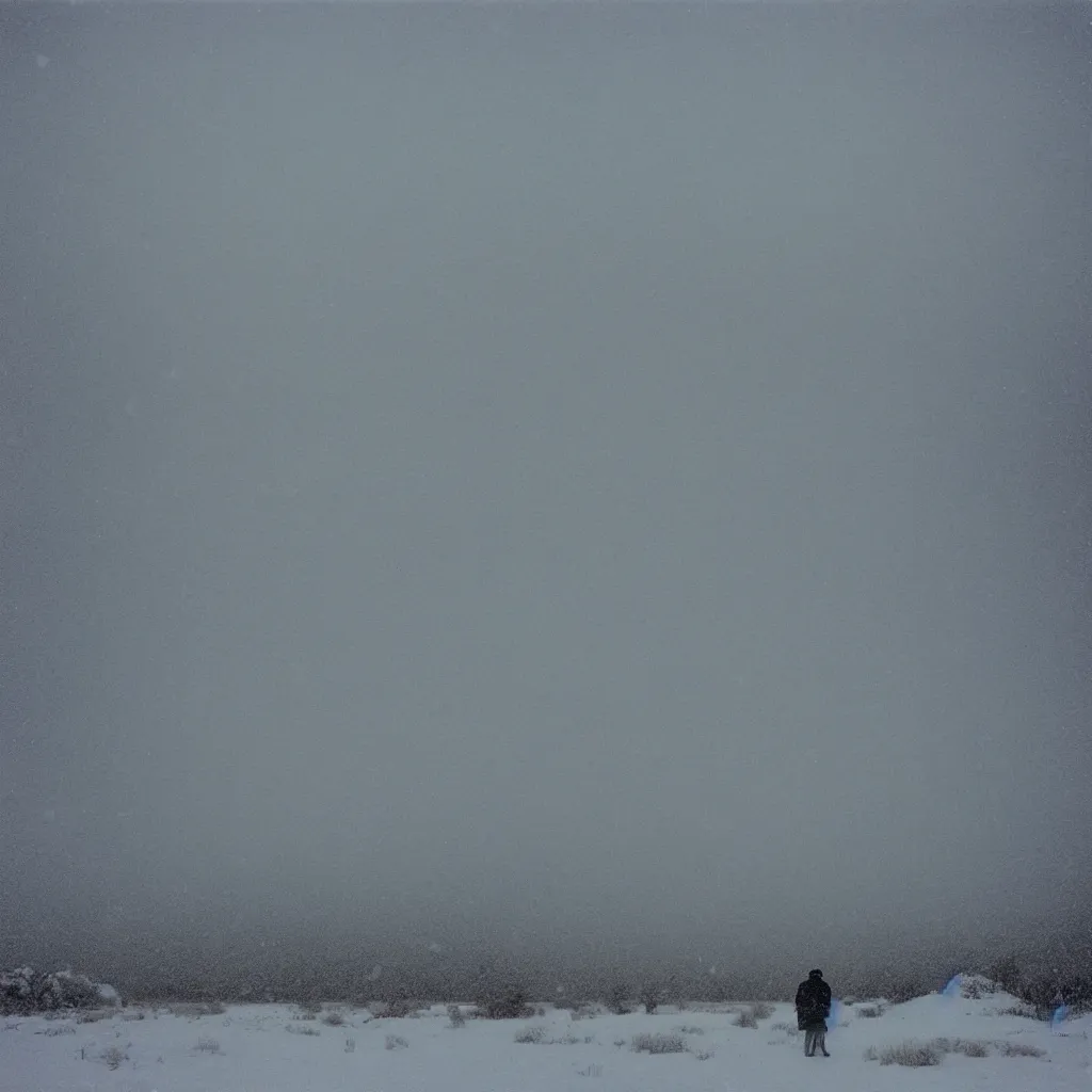 Image similar to photo of shiprock, new mexico during a snowstorm. a old man in a trench coat and a cane appears as a hazy silhouette in the distance, looking back over his shoulder. cold color temperature. blue hour morning light, snow storm. hazy atmosphere. humidity haze. kodak ektachrome, greenish expired film, award winning, low contrast,