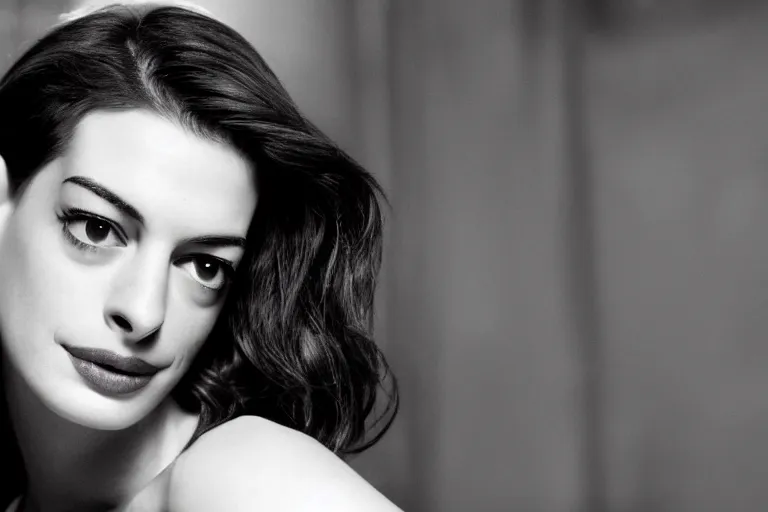 Image similar to beautiful medium shot of anne hathaway in a film noir ; grainy black and white movie still