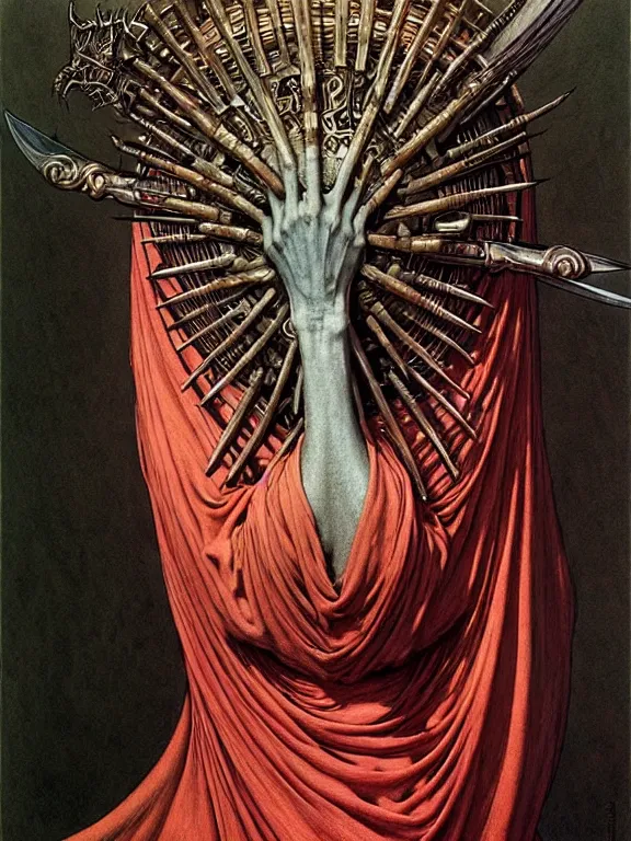 Prompt: soaring woman wearing a huge round mask hiding her face with many thick long blades behind head. dressed in a long robe with wide sleeves. highly detailed, symmetric, concept art, saturated colors, masterpiece, fantasy art, hyperdetailed, hyperrealism, art by zdzisław beksinski, arthur rackham, dariusz zawadzki, larry elmore