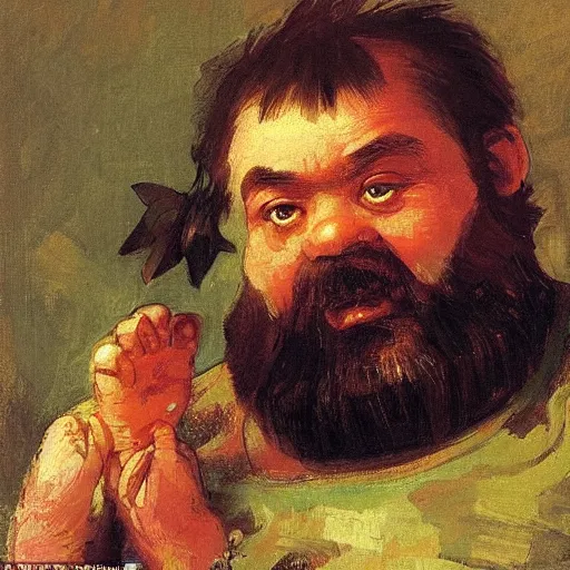 Image similar to a diamond-hungry dwarf with bulging eyes, puffed-out veins with outstretched fingers in the style of Ilya Repin