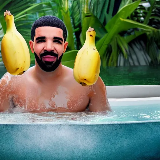 Image similar to Drake taking a bath with bananas, 8k, sharp, high details, detailed face