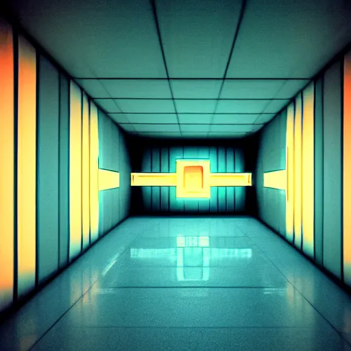 Image similar to noisy color photograph of a retrofuturist liminal space, dark pit, deformations, minimalist, cinematic, soft vintage glow, unreal engine