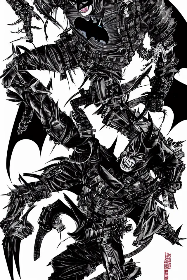 Image similar to The Batman Who Laughs Battles Batman In Hell, Yasushi Nirasawa Cartoon Anime Style