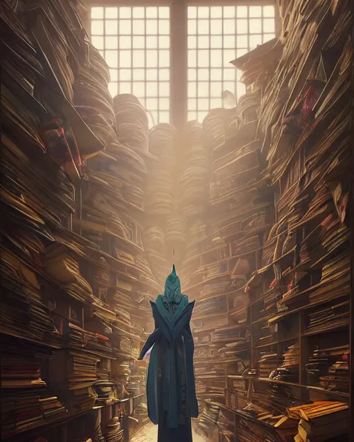 Image similar to highly detailed surreal vfx portrait of a villain in a castle of books, stephen bliss, unreal engine, greg rutkowski, loish, rhads, beeple, makoto shinkai and lois van baarle, ilya kuvshinov, rossdraws, tom bagshaw, alphonse mucha, global illumination, detailed and intricate environment