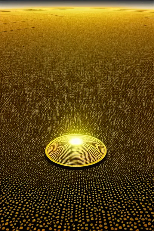 Image similar to isometric view of a shiny metallic glowing UFO hovering over a crop circle of intricate geometric pattern in flattened wheat, Cryengine, hyperrealistic, Artstation