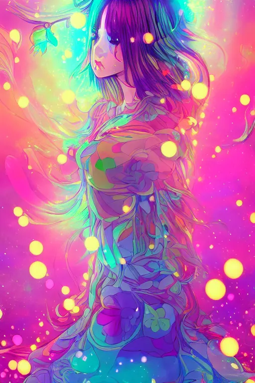 Image similar to psychedelic, whimsical, anime, 4k, beautiful intimate woman with professional makeup, long trippy hair, a crystal and flower dress, sitting in on a reflective pond underneath the stars, rainbow fireflies, trending on patreon, deviantart, twitter, artstation, volumetric lighting, heavy contrast, art style of Ross Tran and Ilya Kuvshinov