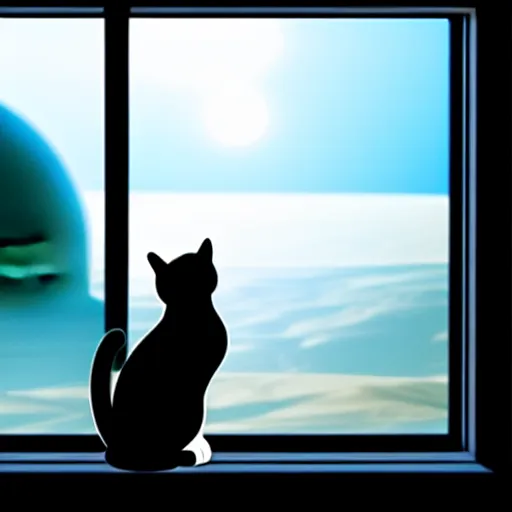 Image similar to cat watching martian landscape, standing inside a futuristic window, next to a food bowl