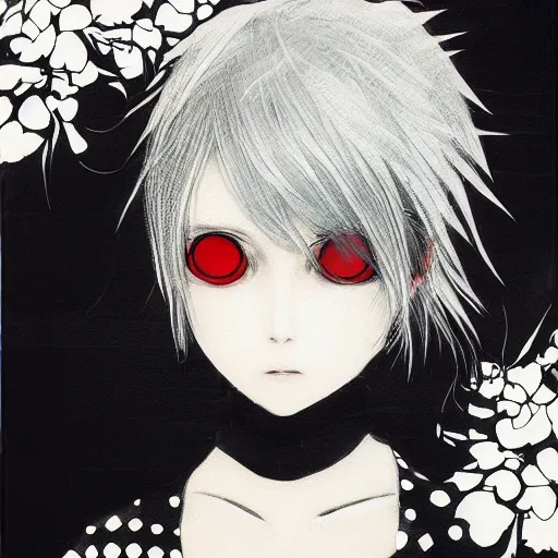 Image similar to Yoshitaka Amano style portrait of an anime girl with short white hair and eyepatch wearing suit with patterns, abstract black and white background, film grain effect, highly detailed, oil painting