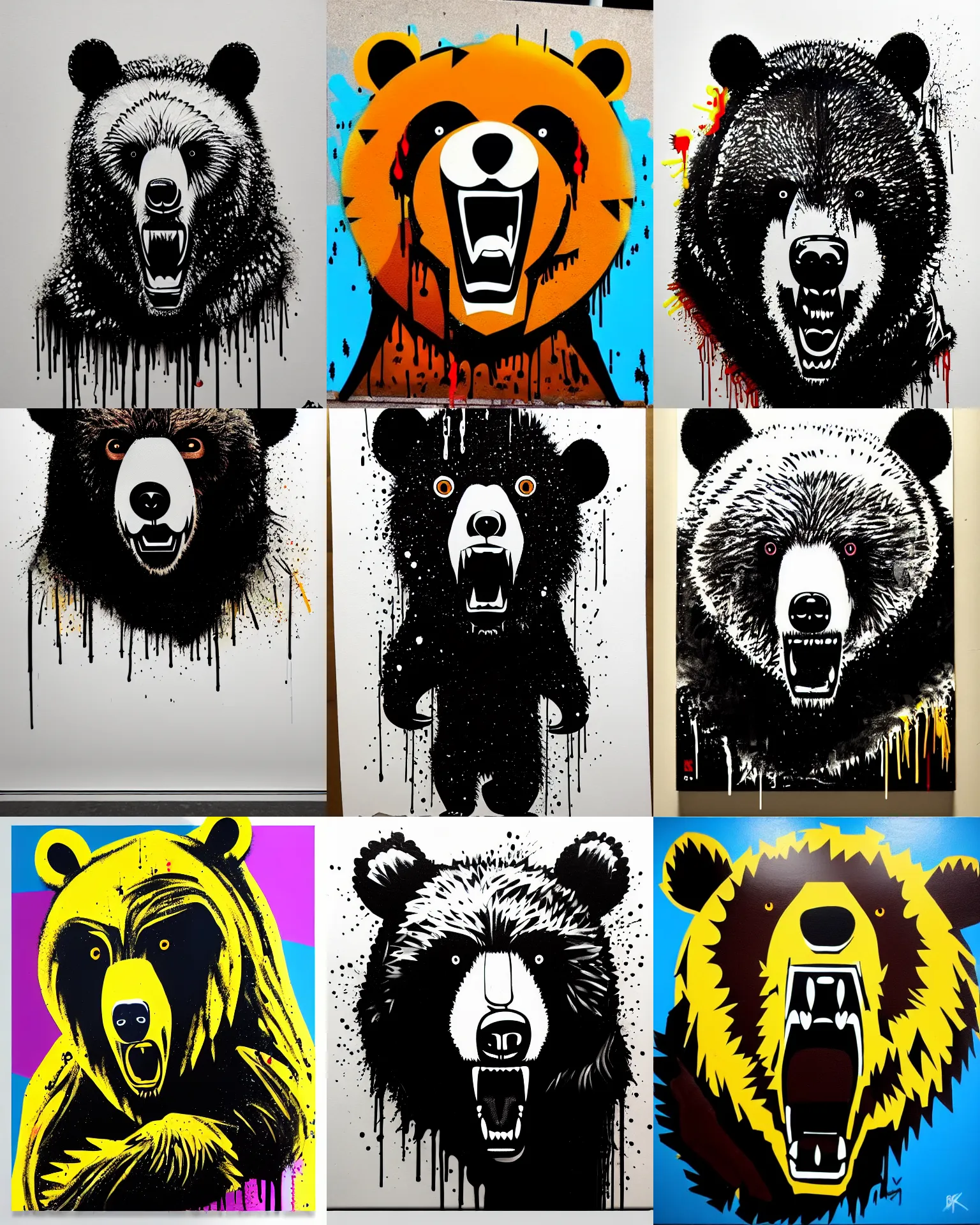Prompt: angry bear, drip painting, graffiti, highly detailed, simple, no jagged lines, smooth, artstation, centered artwork by blek le rat