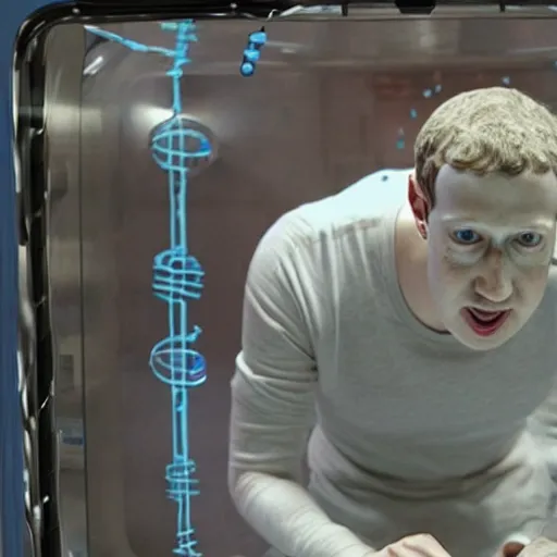 Image similar to mark zuckerberg awakening from his alien cryogenic chamber with slimy feeding tubes attached. inside a room with futuristic touchscreen medical equipment. Surrounded by skinny translucent aliens. Photograph from science fiction movie.