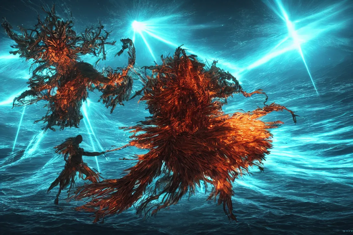 Prompt: colossal shaman god destroying very living thing in the ocean, made of lasers, cast across the night sky, 8 k, ultra realistic, lens flare, atmosphere, glow, detailed, intricate, full of colour, cinematic lighting, trending on artstation, 4 k, hyperrealistic, focused, extreme details, unreal engine 5, cinematic, masterpiece