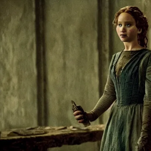 Image similar to jennifer lawrence is frankenstein's monster, color photography, sharp detail, still from the movie mary shelley's frankenstein