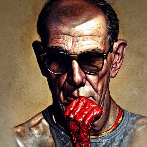 Prompt: painted portrait of hunter s thompson, masculine, mature, handsome, upper body, red and gold, muscular, hairy torso, fantasy, intricate, elegant, highly detailed, digital painting, artstation, concept art, smooth, sharp focus, illustration, art by norman rockwell